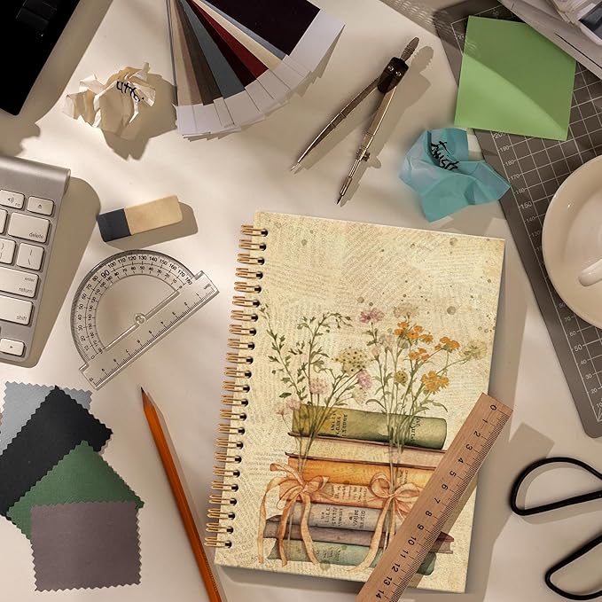 Book Floral Notebook Journal - Vintage Floral Journal, Vintage Flower Bow Book Lovers Spiral Notebook, Vintage Notebooks Gifts for Women, Book Lovers Gifts School Office Supplies, 6x8.2In