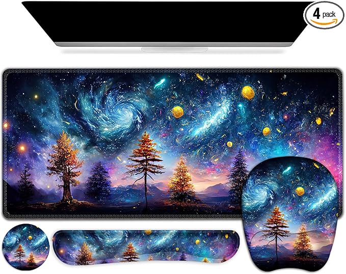 4 in 1 Large Mouse Pad, Keyboard Wrist Rest Set, Ergonomic Mouse Pad with Wrist Support, Desk Mat with Stitched Edges，Extended Desk Pad Waterproof Desk Mat for Home Office Game I Colorful World