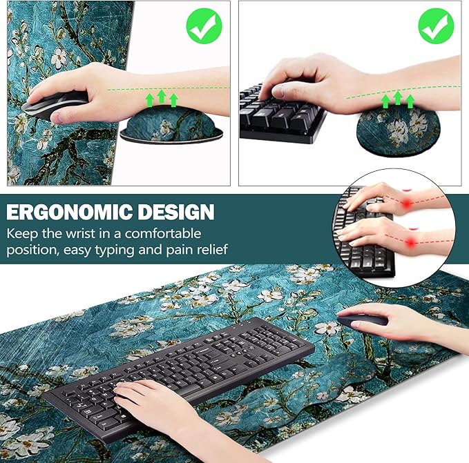 Upgraded Extended Gaming Mouse Pad, Keyboard Wrist Rest Pad, Wrist Support Mousepad Set, Artso Large Stable Rubber Base Stitched Edges, Multifunctional Desk Pad 35 x15.5 in, Blue Van Gogh Painting