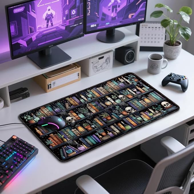 Gothic Library Large Gaming Mouse Pad 31.5"x15.7"｜Vintage Bookshelf XXL Desk Mat, Non-Slip Rubber Base & Stitched Edges - Extended Waterproof Mousepad for PC/Laptop/Office/Home Decor