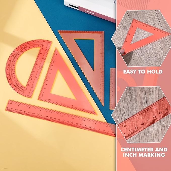Tenare 6 Pcs Plastic Ruler Math Set Includes 12 Inch 6 Inch Straight Protractor Triangle Geometry Transparent Math Ruler Measuring Tools for School Office Home (Orange)