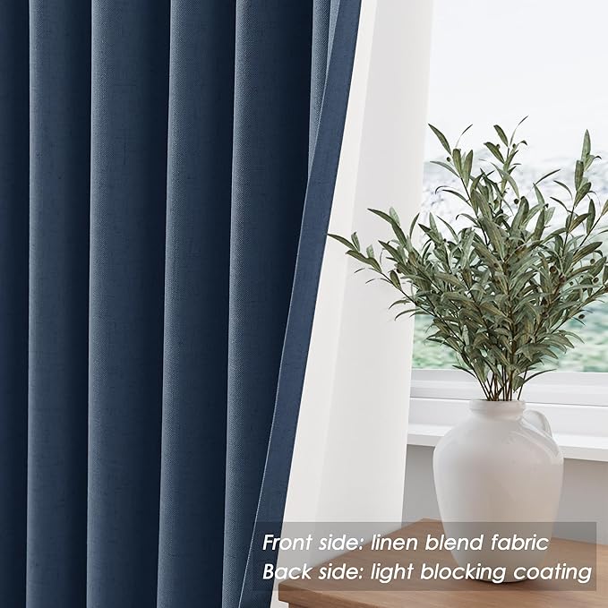 Denim Blue 108 Inches Long 2 Panel Set Linen Blackout Curtains Back Tab Pocket Cotton Texture Room Darkening Thermal Insulated Sound Proof Curtains for Bedroom Cottage High Windows 52x108
