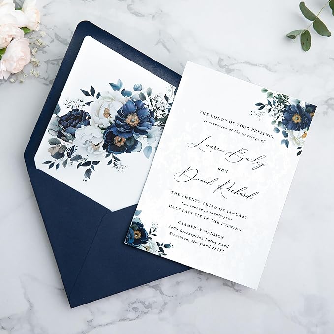 PONATIA 50PCS A7 Euro Flap Envelopes, 5.25 x 7.25'' Liner Envelope For 5x7'' Weddings Invitation Cards, Christmas Gift Cards, Acrylic Invitations, Photos (Navy Blue)