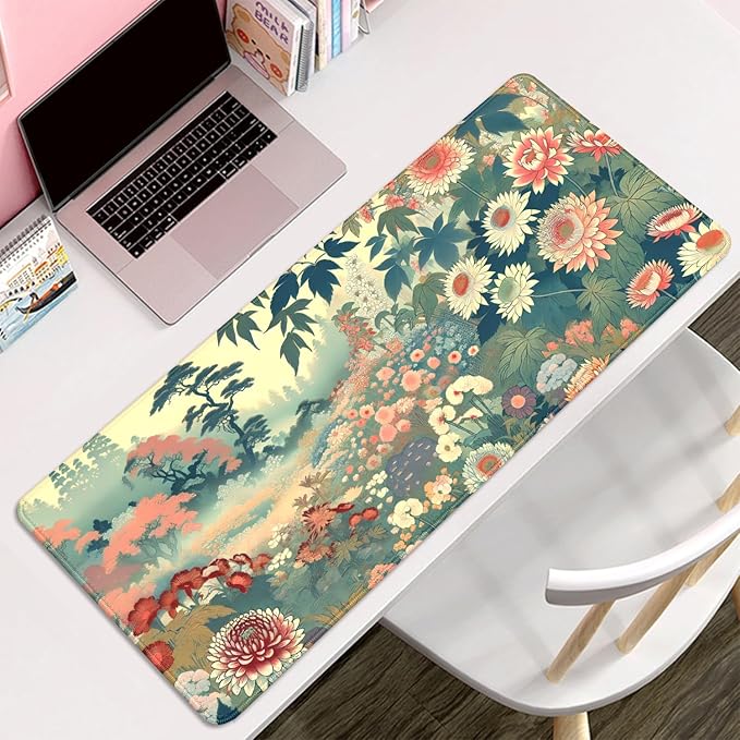 Floral Mous Pad Desk Mat,Large Aesthetic Mouse Pad Desk Pad Desktop Mat,Desk Mat for Keyboard and Mouse,Big Mousepad with Stitched Edges Non-Slip Rubber Base for Computer Office Home