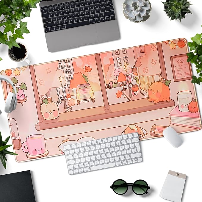 Cute Anime Desk Mat Large Kawaii Mouse Pad Coffee Shop Gaming Mousepad XXL Extended Autumn Pumpkin Themed Desk Pad Computer Laptop Keyboard Mouse Mat Desk Decor 31.5x15.7 in
