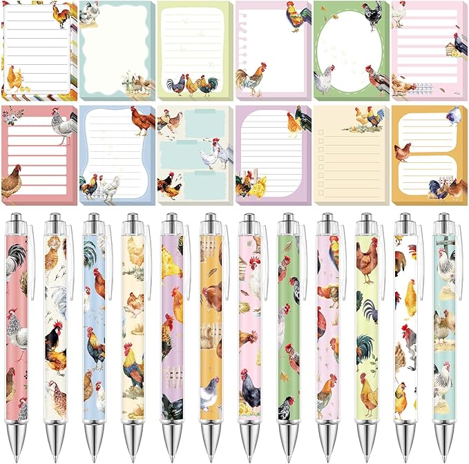 24 Pcs Chicken Sticky Notes with Pens Themed Gifts Self Adhesive Notepad Cute Memo Notes Pads Black Ink Ballpoint Pen for Chicken Lover Gifts Office School Students Teacher Supplies