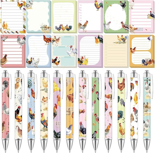 24 Pcs Chicken Sticky Notes with Pens Themed Gifts Self Adhesive Notepad Cute Memo Notes Pads Black Ink Ballpoint Pen for Chicken Lover Gifts Office School Students Teacher Supplies