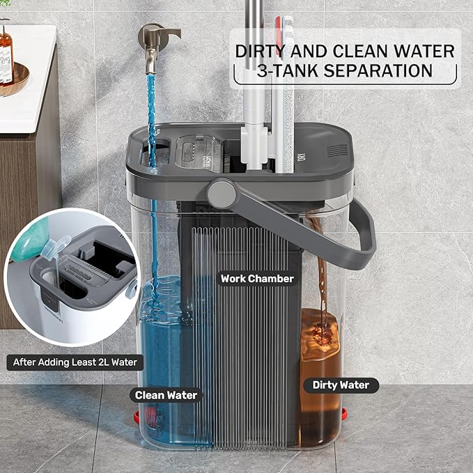 HoMettler Mop and Bucket Set, Flat Mop and Bucket System with Separate Dirty and Clean Water, 3-Compartment Wall Cleaner Mop, Flat Mops for Floor Cleaning with 8 Microfiber Pads