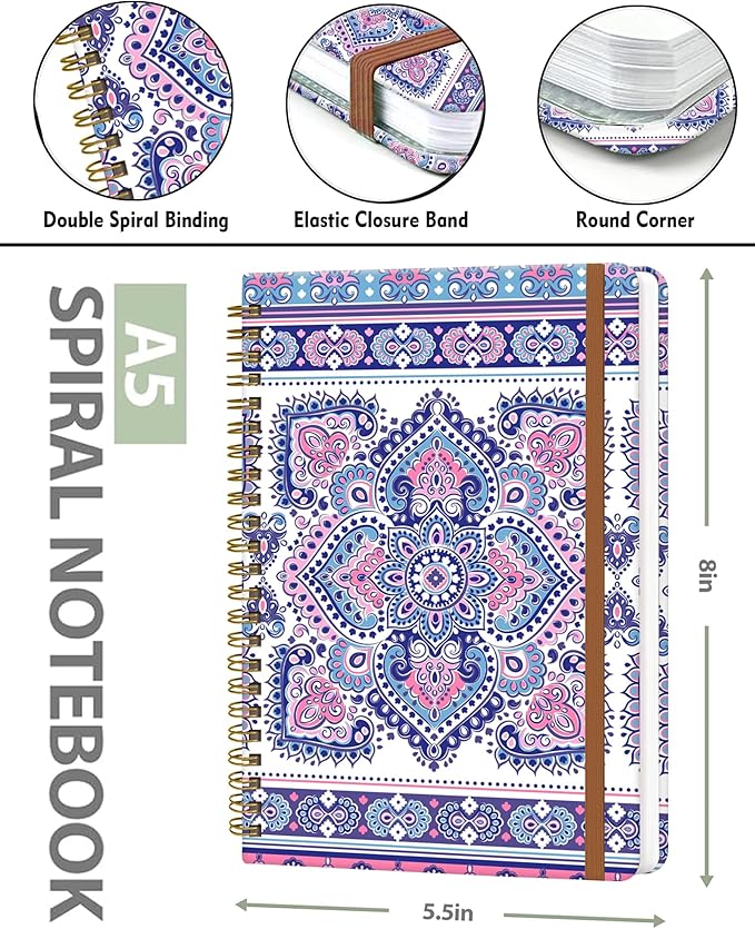 Spiral Journal Notebook for Women, Hardcover A5 College Ruled Notebook, 120 Pages, Thick Paper, Cute Lined Journal for School, Office & Work, 6 x 8.4 in(Bohemian)