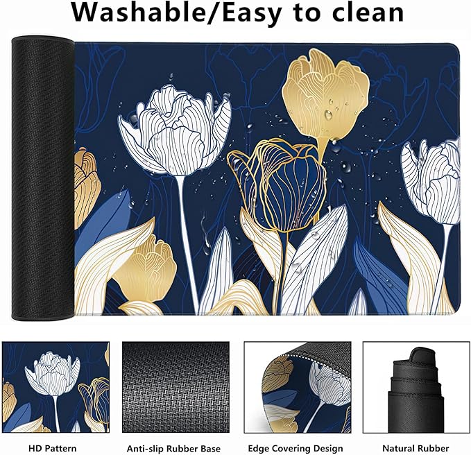 MIOAOSRT Desk Mat,Luxury Gold Tulip Flower Large Gaming Mouse Pad with Stitched Edges,Non-Slip Computer Mouse Pad for Desk,Extended XXL Keyboard and Mouse Pad 35.4x15.75 in