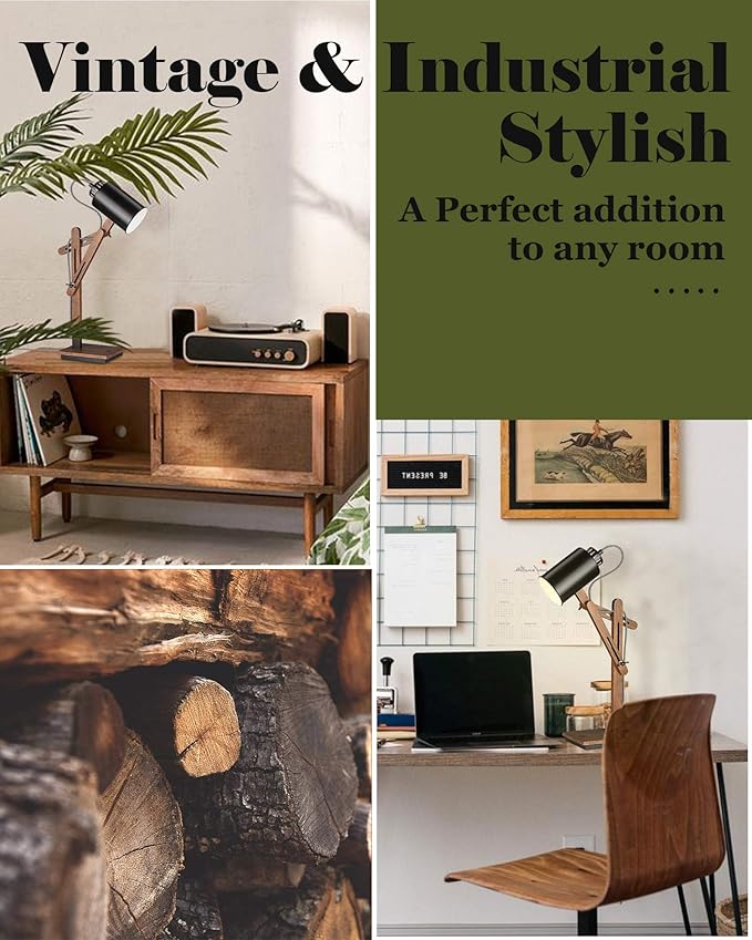 ELYONA Sapele Wood Desk Lamp with Wireless Charging & USB Port, Touch Control Reading Task Light,Adjustable, Swing Arm Table Lamp for Bedroom, Study Work, Office, Dorm, LED Bulb Included, Black