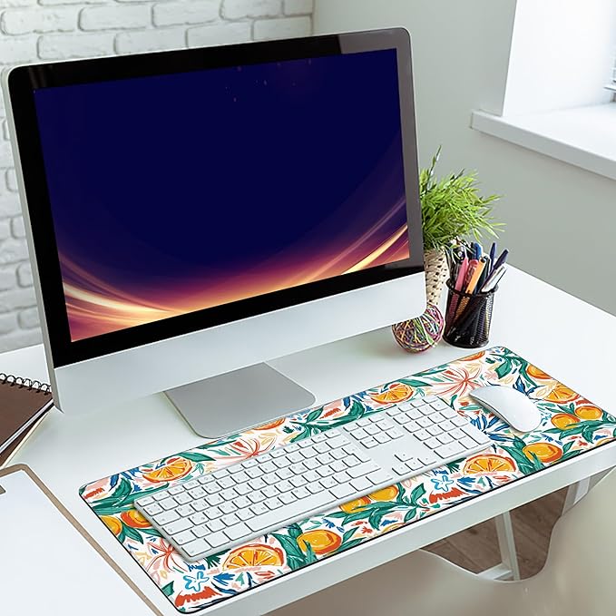 MIOAOSRT Desk Mat,Colorful of Summer Fruits Orange and Leaves Gaming Mouse Pad,XXL Extended Mouse Pad Mat for Office,Computer,Keyboard with Non-Slip Base Stitched Eges Mousepad 35.4x15.75 inch
