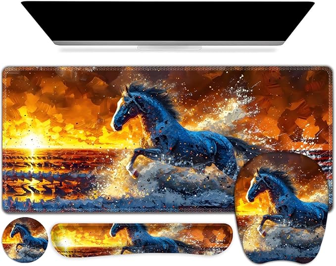 Large Mouse Pad, Keyboard Wrist Rest Set, Ergonomic Mouse Pad with Wrist Support, Desk Mat with Stitched Edges + Coaster, Extended Desk Pad Waterproof Desk Mat for Home Office Game I Running Horse