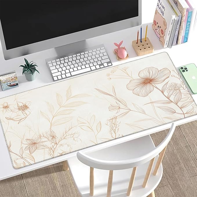 Desk Pad, Vintage Boho Line Botanical Floral XXL Gaming Mouse Pad with Stitched Edges,Non-Slip Waterproof Rubber Base Large Desk Mat for Keyboard and Mouse 35.4"x15.7"