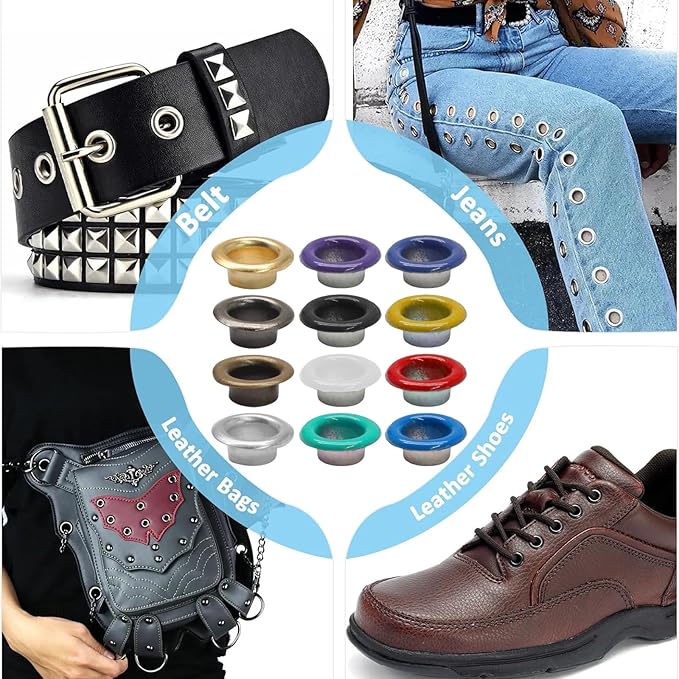 Litoexpe 5MM Grommets Eyelets 600 Pcs, Eyelet Hole Punch Die Tool (Includes Base & Ram), 12 Colors Self Backing Eyelets Kit for Leather Craft Clothing Handbag Fabric Curtain DIY