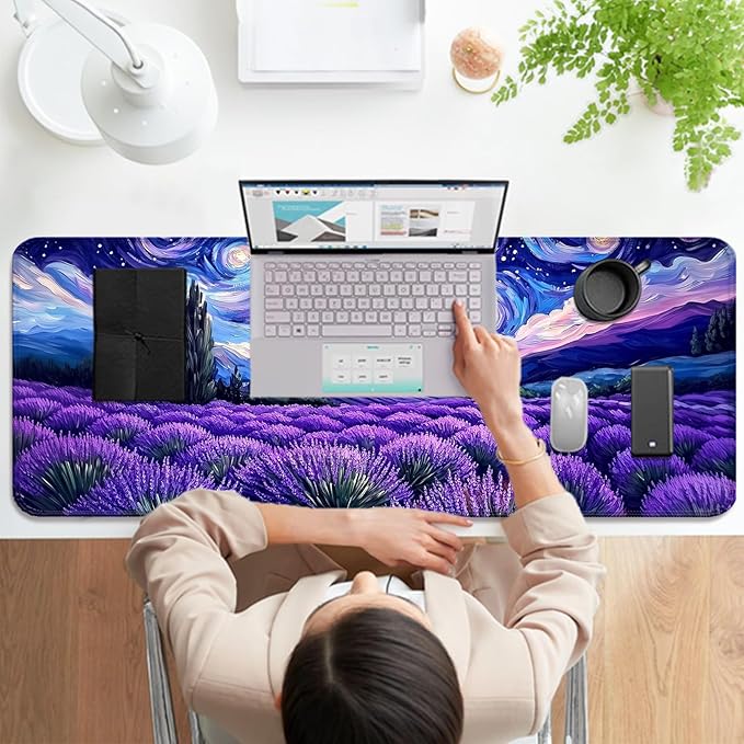 Fantasy Starry Night Lavender Field Gaming Desk Mat, Computer Keyboard Large Extended Long Floral Mouse Pad for Office and Home, XL (W27)