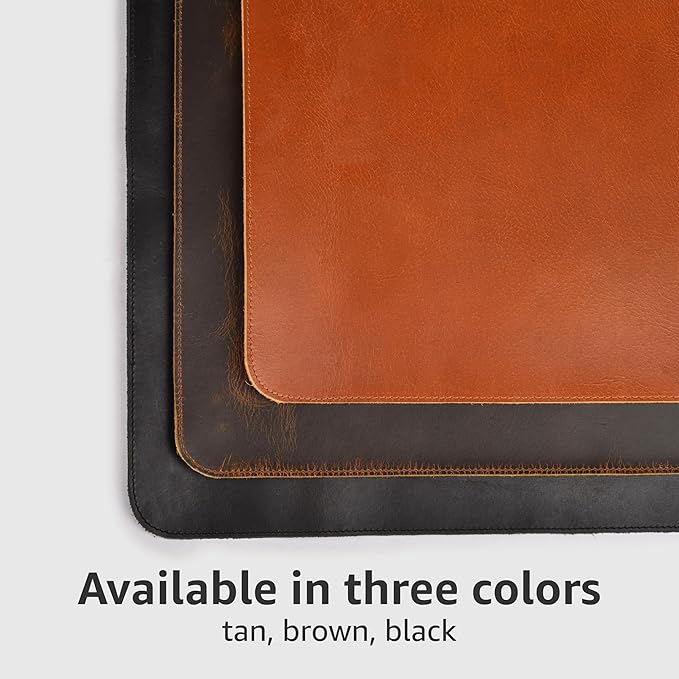 LEATHER VILLAGE -32X16 Real Leather Desk Mat for Desktop & Laptop, with Leather Tray & Tea Coaster, 3mm Thick Desk Cover-Protector-Blotter- Tan Color