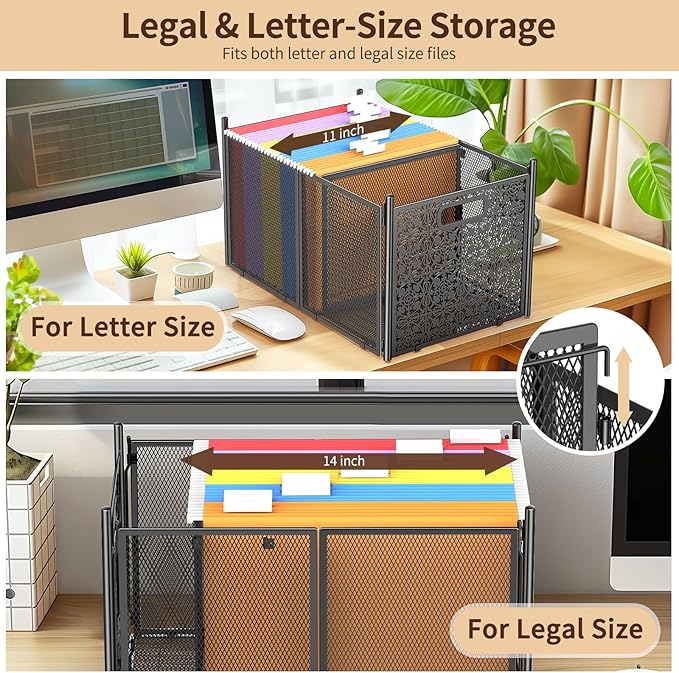 File Organizer Box, Large File Box for Hanging Letter/Legal Size File, File Folder Storage Box with Wheels, Decorative File Box for Office/Decor/Home, Metal (2 Pack)