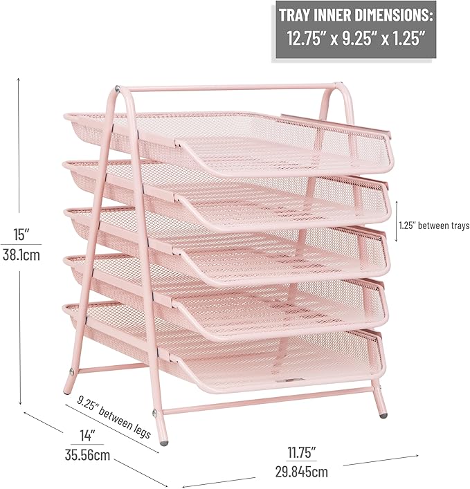 Mind Reader 5-Tier Paper Tray Organizer, Vertical Desktop File Storage Rack, Office, Metal Mesh, Pink