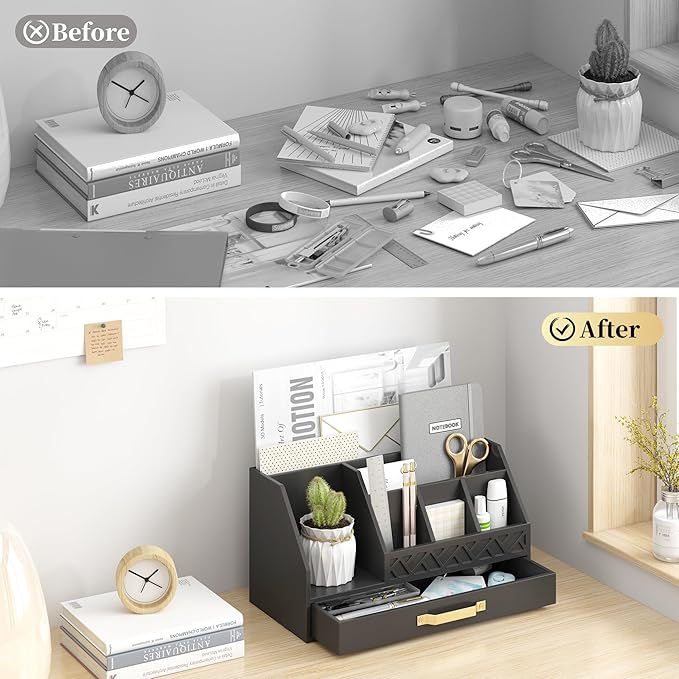 Bamboo Desk Organizer with Drawers, Mail Organizer Countertop Wood Desk Drawer Tabletop Storage Organization Pen Holder Letter Sorter Makeup Organizer for School Home Office (Black)