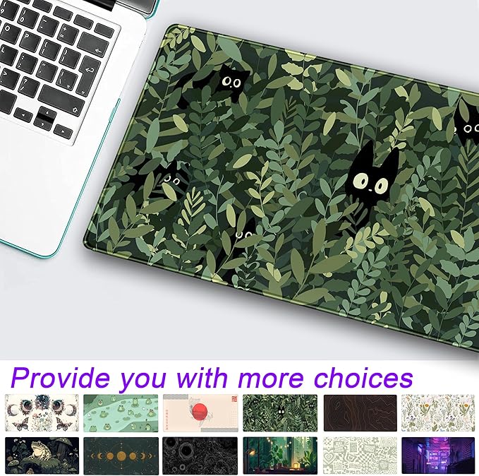Cute Anime Cats Desk Mat Green Leaves Kawaii Mousepad XXL Extended Large Gaming Mouse Pad Cat, Aesthetic Extended Laptop Keyboard Mat Desk Pad for Women Office Gamer Girl Decor 31.5x15.75 in