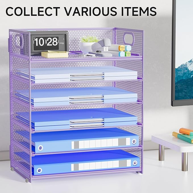 6-Tier Mesh Desktop File Organizer Letter Size Paper Tray with Handle Metal Construction Purple