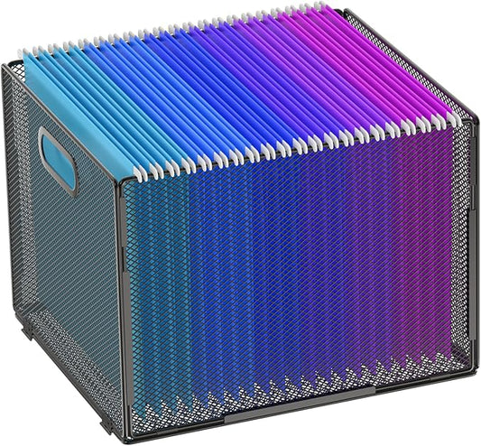 Hanging File Organizer, File Folder Organizer Mesh Hanging File Crate with Handle, File Box Storage Crate, File Basket for Office Home Letter Size, Black