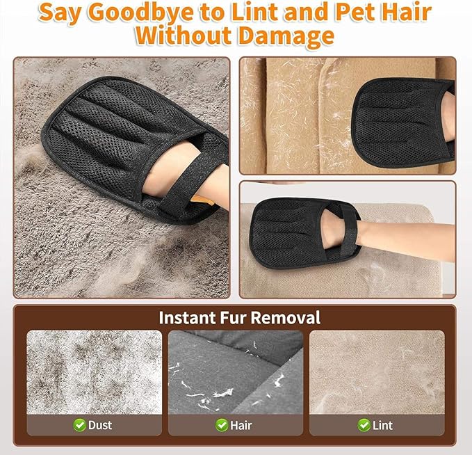 2 Pack Electrostatic Pet Hair Remover Glove with Cleaning Brush for Cats & Dogs, 2026 Upgraded Reusable 5-Finger Grooming Gloves – Magic Brush Tool for Furniture, Couch, Carpet, Car & Clothing (Black)