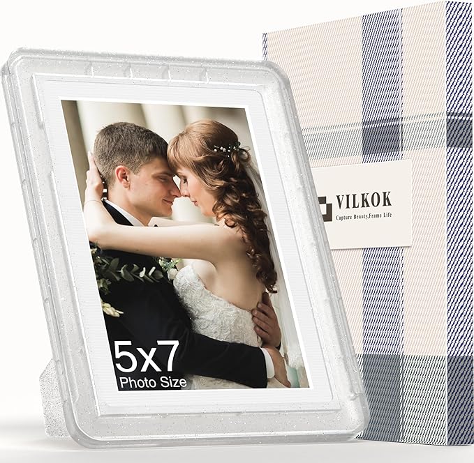 1-Pack 5x7 Picture Frame or 4x6 with Mat – Shatterproof Plastic Picture Frames for Family, Nursery & Playroom, Wall & Tabletop Frame for Home or Office, Safe Lightweight Design, Crystal Silver