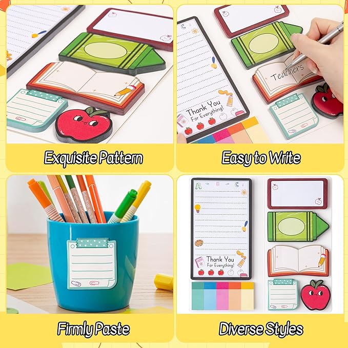 B1ykin Sticky Notes Set, Cartoon Theme Cute Self-Stick Notes Pad Teacher Appreciation Gifts， Self-Adhesive Writing Memo Pages Sticky to Do Notepad Thank You Gift for School Classroom (A+ Teacher)