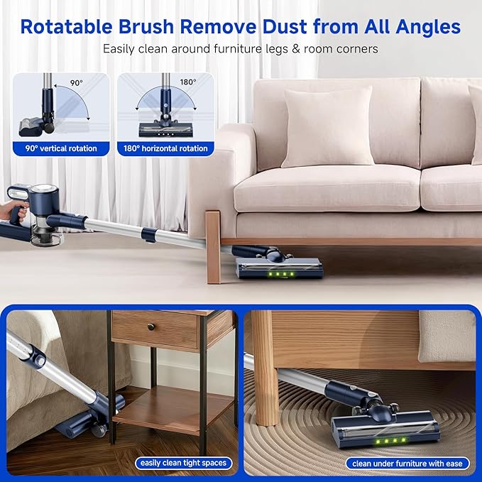 Cordless Vacuum Cleaner, Powerful Suction Vacuum Cleaners for Home, Anti-Tangle Pet Hair Brush, Lightweight, Self-Standing, Green LED Headlight, 6-in-1 Stick Vacuum for Carpet Hardwood Floor-Dark Blue