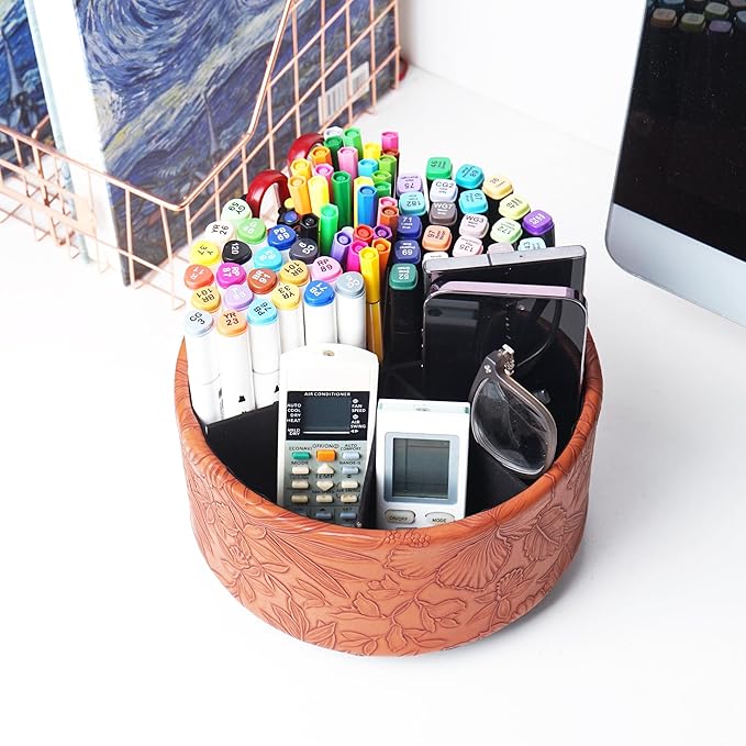 Hennaja Remote Control Holder, 360°Spinning PU Leather Desk TV Remote Caddy,Desk Storage Box Room Accessories for Controller, Media,Mail,Calculator, Mobile Phone,Pencil(1-Carved Brown)