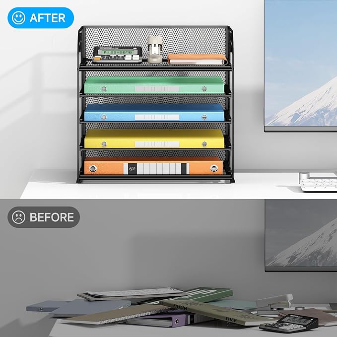 Lavatino 5 Tray Desk File Organizer, Black Mesh Paper Sorter Letter Tray Organizer with Handle, Desktop File Organizer and Storage for Letter/A4 Office File Folder