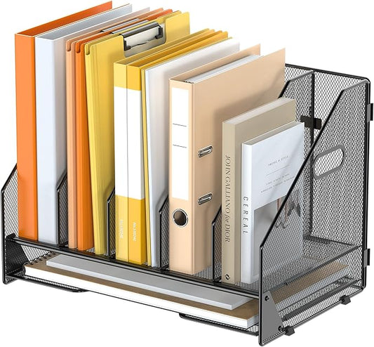 Desk File Folder Holder Organizer-5 Vertical Compartments Racks and Paper Letter Tray,Mesh Magazine File Holder Sorter,Desktop Accessories & Workspace Organizers for Home,Office,School-Black