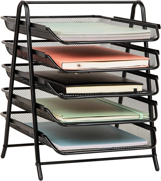 Mind Reader 5-Tier Paper Tray Organizer, Vertical Desktop File Storage Rack, Office, Metal Mesh, Black