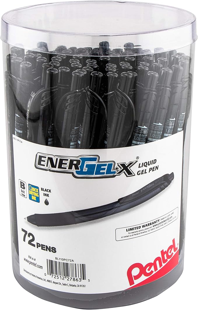 Pentel EnerGel-X Retractable Gel Pen, (1.0mm) Bold Line, Black Ink, 72-PK Canister (BL110PC72A)