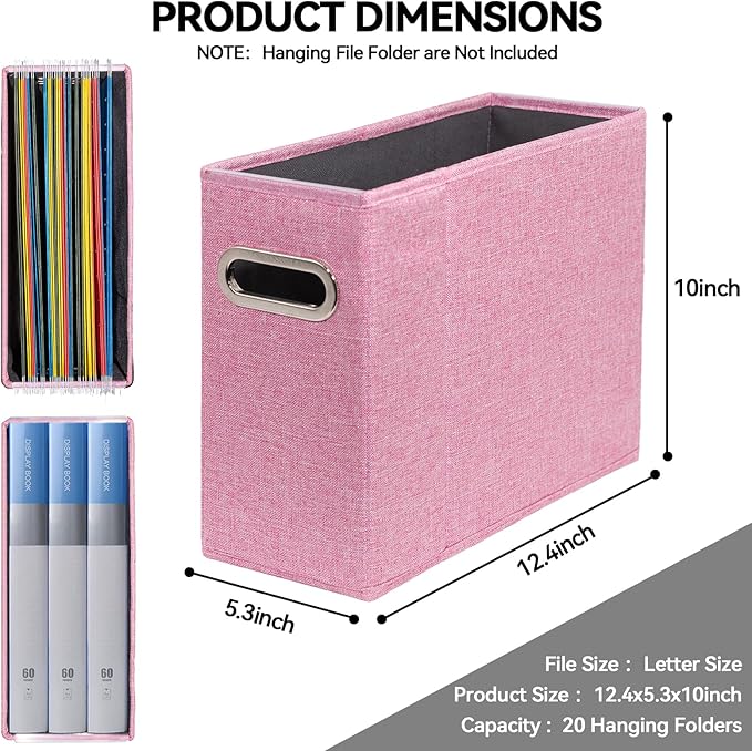 4 Packs Letter Size File Organizer, File Folders Organizer, Fabric Storage Box, Collapsible Paper Organizer with Metal Handle, Smooth PVC Rails, Only Box (Pink)