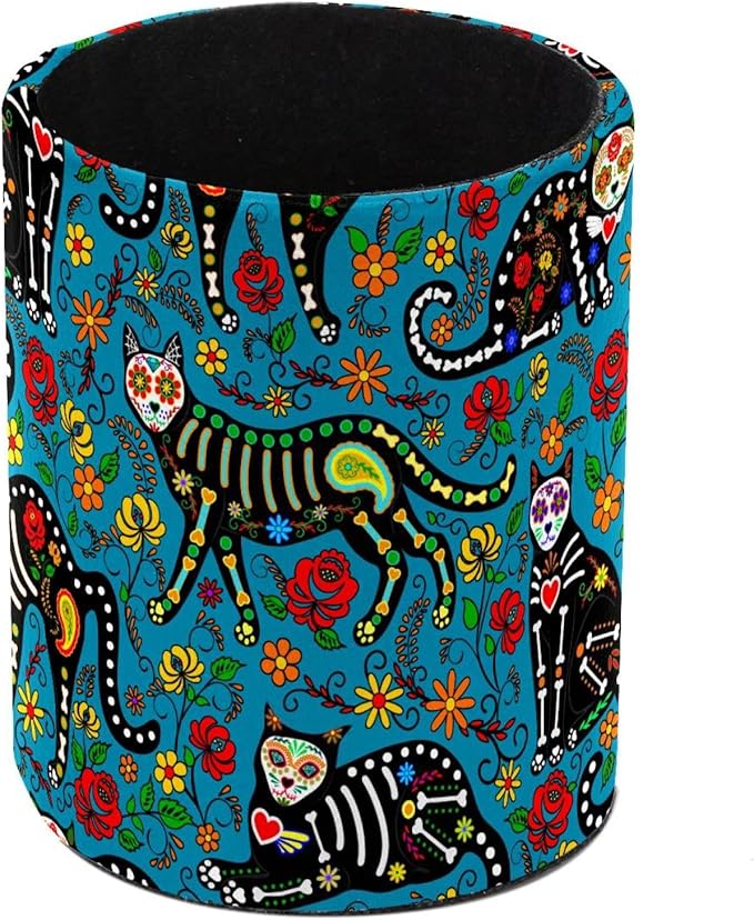 Round Creative Pen Holder |Sugar Skull Black Cats Desktop Storage Organizer|Gadget Stationery Storage Box|Office Leather Organizer
