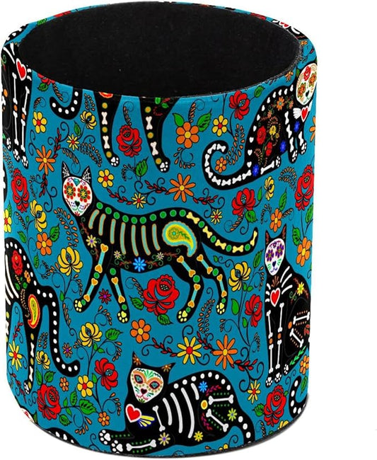 Round Creative Pen Holder |Sugar Skull Black Cats Desktop Storage Organizer|Gadget Stationery Storage Box|Office Leather Organizer