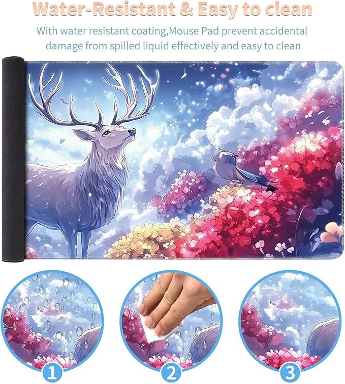 Desk Mat Large Gaming Mouse Pad (31.5x11.8 inch) with Stitched Edges, XL Mouse Pad +Coaster, Extended Mouse Mat Keybroad Mousepad Non-Slip Rubber for Gamer Men Women, White Deer