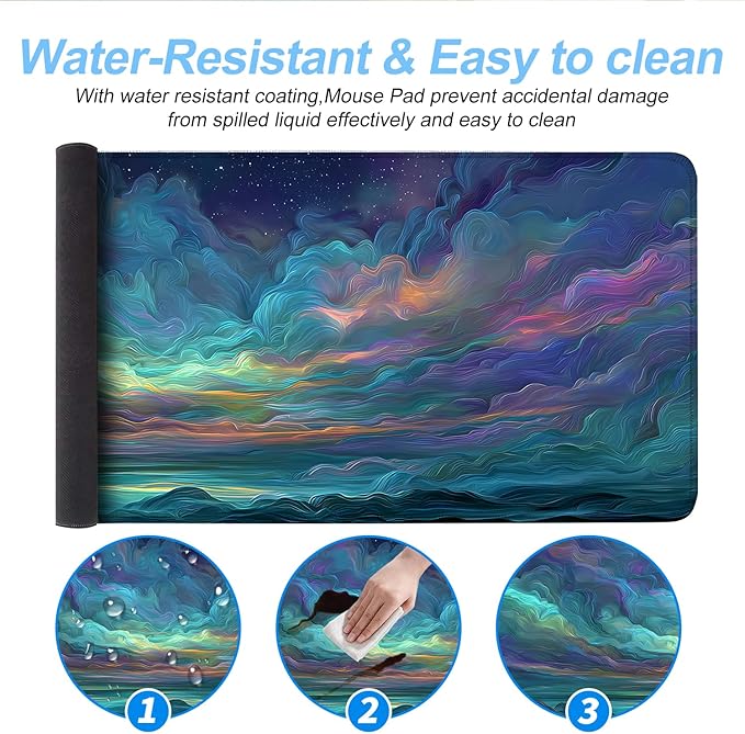Starry Night Ocean Waves Mouse Pad – Large 31.5" x 11.8" Abstract Seascape Desk Mat with Vibrant Blue, Green & Purple Waves and Starry Sky, Non-Slip Rubber Base, Smooth Surface for Gaming & Office