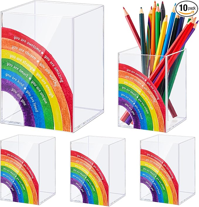 Sherr 10 Pcs Pencil Shaped Pen Holders, Acrylic Pencil Organizer Cups, Cute Creative Stationery Storage, Appreciation Gifts for Teacher Student School Classroom Office Home Desktop Supplies (Rainbow)