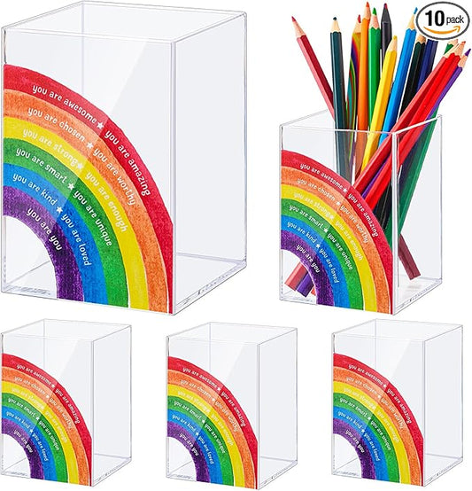 Sherr 10 Pcs Pencil Shaped Pen Holders, Acrylic Pencil Organizer Cups, Cute Creative Stationery Storage, Appreciation Gifts for Teacher Student School Classroom Office Home Desktop Supplies (Rainbow)