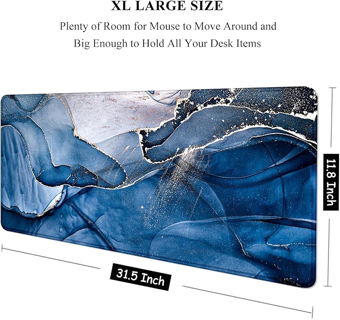 Auhoahsil Large Mouse Pad, XXL Desk Pad, Extened Mousepad 31.5" x 11.8", Non-Slip Rubber Base, Stitched Edges, Superior Surface, Gaming Keyboard Mat, Waterproof Desk Pad, Ink Navy Marble