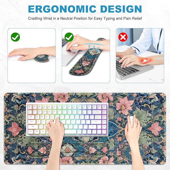Large Mouse Pad and Keyboard Wrist Rest, Extended Mouse Pad with Wrist Support, Non-Slip Desk Mat, Desk Blotter Protector Pad for Home Office, Vintage Flowers