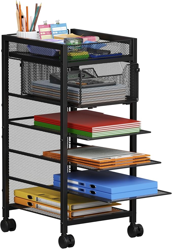 keomaisyto Under Desk Storage Slim File Cabinet, 6-Tier Rolling File Cart with Paper Letter Tray & Drawer, Standing Paper Organizer with Wheels, Narrow Desk Organization for Home Office Workspace