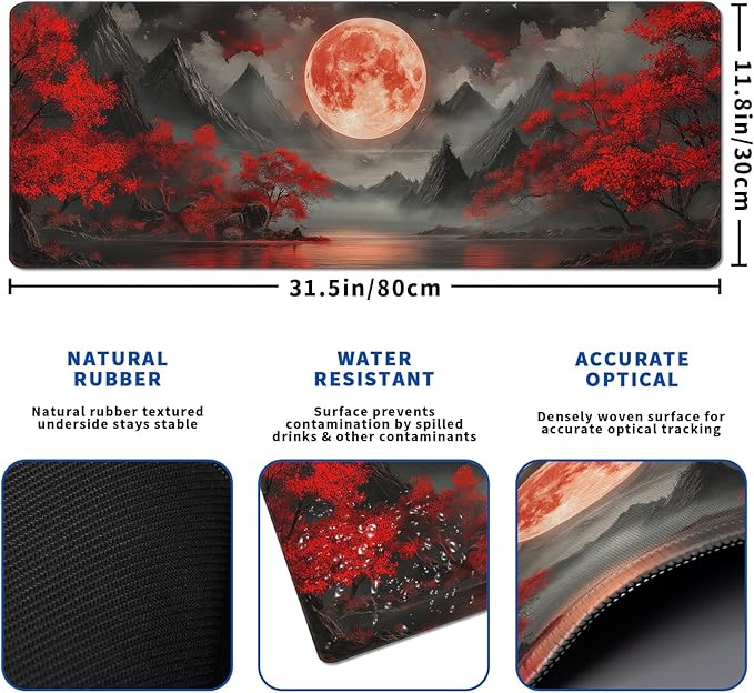 Darkness Red Moon Mouse Pad Abstract Red Mouse Pad 31.5x11.8 Inch Texture Non-Slip Rubber Base Large Mousepad Stitched Edges Keyboard Mouse Mat Desk Pad for Office and Home