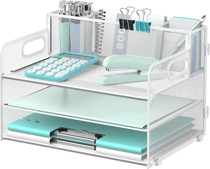 SUPEASY 3 Tier Desk Organizer with Handle & 3 Pen Holders, Mesh Paper/File Organizer for Desk, Paper Letter Tray Organizer for Office Supplies (White), 1 Pack, 3CST-3PH