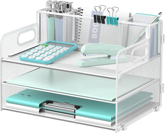 SUPEASY 3 Tier Desk Organizer with Handle & 3 Pen Holders, Mesh Paper/File Organizer for Desk, Paper Letter Tray Organizer for Office Supplies (White), 1 Pack, 3CST-3PH