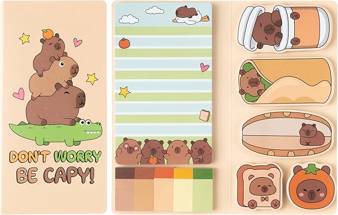 B1ykin Sticky Notes Set, Cartoon Theme Cute Self-Stick Notes Pad Teacher Appreciation Gifts， Self-Adhesive Writing Memo Pages Sticky to Do Notepad Thank You Gift for School (Funny Capybara)